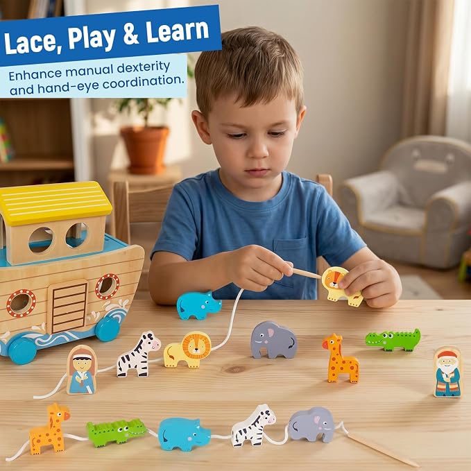 Wooden Noah's Ark Toy for Toddlers 1-3, Baptism Christening Gifts for Boys Girls, Christian Toy Animal Shape Sorter, Baby Birthday