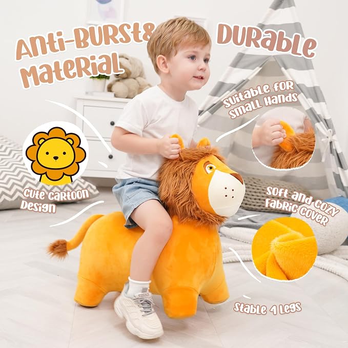 Lion Bouncy Hopper Horse, Inflatable Plush Hopping Toy, Bouncing Animal Hopper for Toddlers, Fun Ride-On Toy for Kids 18 Months-6 Years, Indoor & Outdoor Play, Great Gift Boys Girls