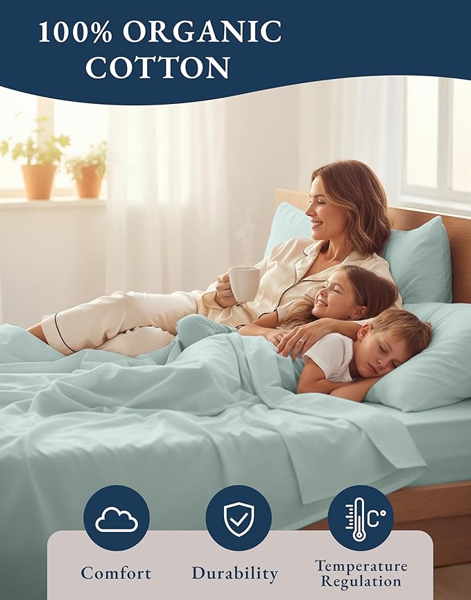 LANE LINEN Twin Bed Sheet Set 100% Organic Cotton Percale 3pc - French Blue | GOTS Certified Organic Cotton Percale Twin Sheet Set - For Hot Sleepers, All-Season Comfort, For Dorm & Guest Rooms