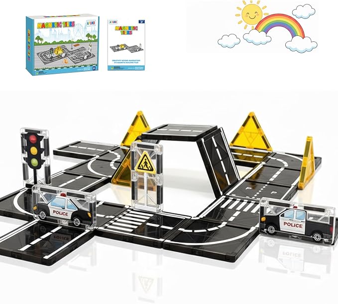 AFUNX Magnetic Tiles Road Expansion Set, STEM Magnetic Building Blocks for Kids Ages 3-5 4-8 5-7, STEM Learning Toys, Safe & Durable Creative Construction Play, Gift for Boys & Girl