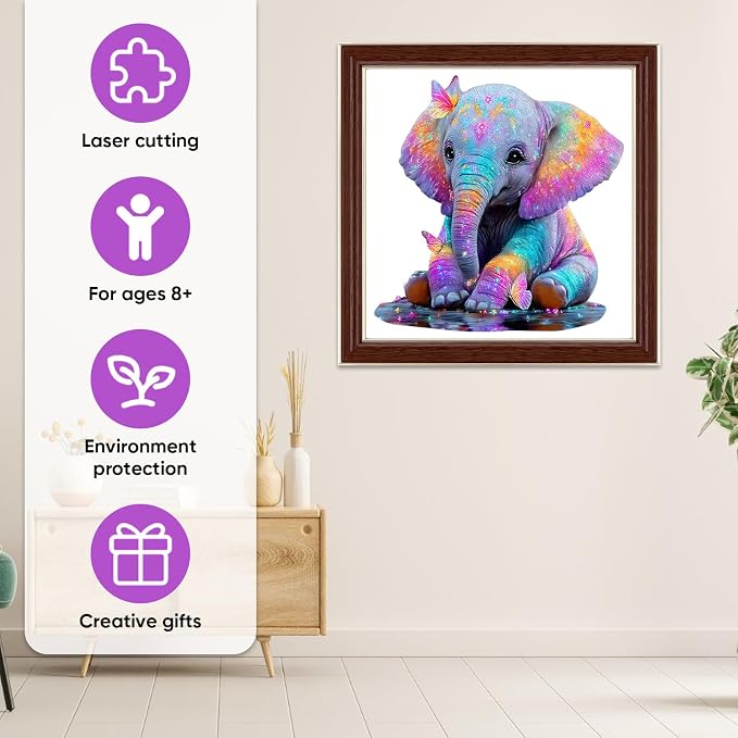MEATRN Wooden Jigsaw Puzzle - Colorful Baby Elephant with Butterflies, 491 Pcs, 16.3x16.7 in, Animal Puzzles for Adults & Kids, Educational Brain Teaser Gift and Home Art Décor