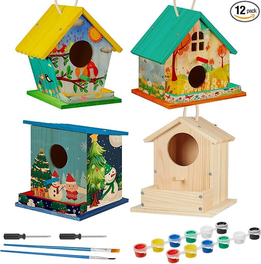 Liliful 12 Pack Birdhouse Crafts for Kids, Wooden Creative DIY Bird House Kits Arts and Crafts Set for Kids and Adults, Spring Birthday Gifts for Toddlers Ages (Seasonal Style)