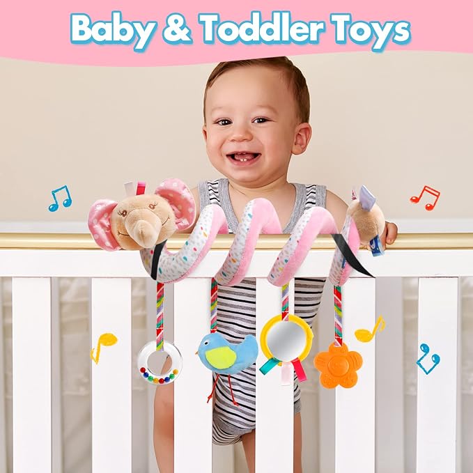 GKDOMS Baby Car Seat Toys Activity Stroller Toy for Boys Girls 0 3 6 9 10 12 Months, Spiral Hanging Plush Toys, Baby Shower Thank You Gifts