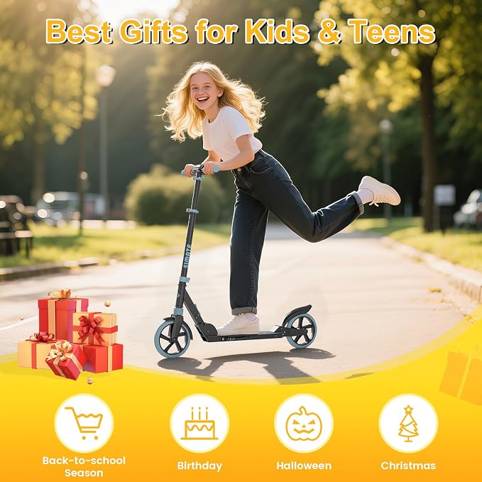 SIMATE Kick Scooter for Kids Teens & Adults, 4 Adjustable Heights, 8IN All Terrain Big Wheels, Foldable and Lightweight, Gifts for Girls Boys