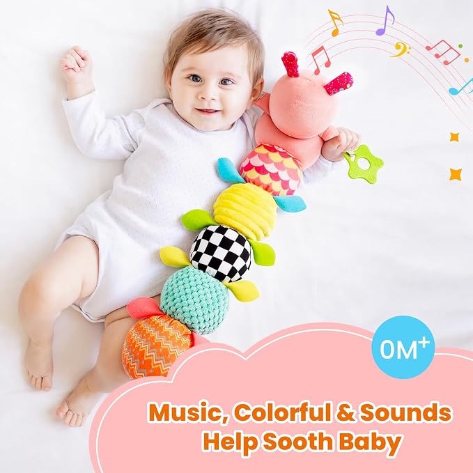 GoGonova Musical Caterpillar Baby Sensory Toy for Infant Development 0-12 Months – Tummy Time Crawler & Teether – Newborn Bath, Car Seat, Stroller & Bassinet Activity Toy & Gift(Pink)
