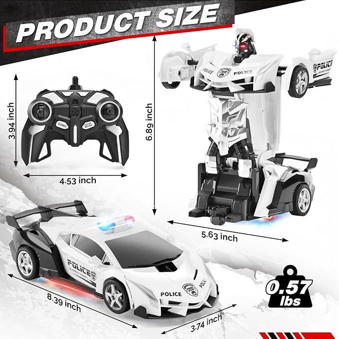 2.4G Remote Control Transformer Car, Rechargeable RC Police Car Toy with Flashing Lights, Convertible Robot & Vehicle, Gift for Kids,Police Transformer Cars for Boys 4 5 6 7 8 9 10 11 12 (Black/White)