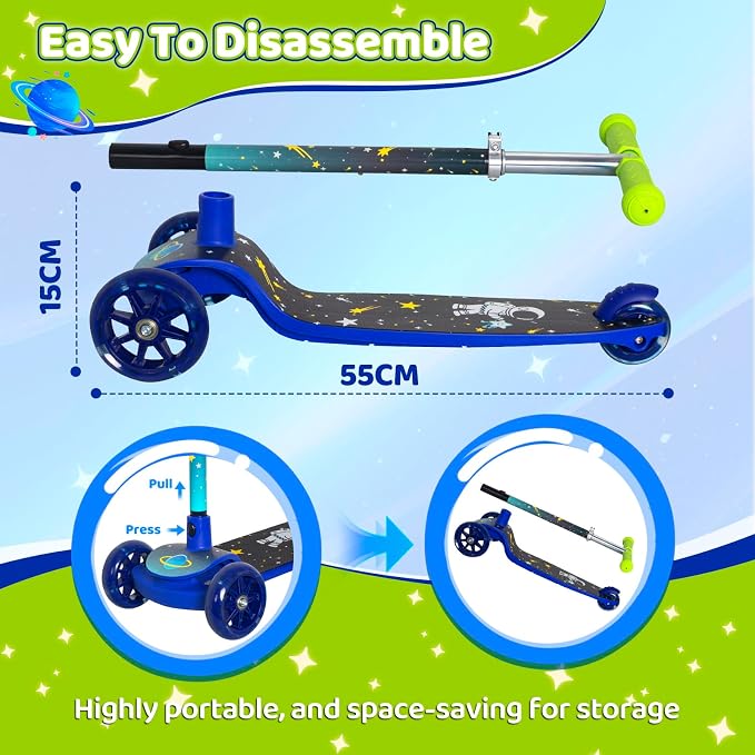 Nattork 3-Wheel Toddler Kick Scooter for Kids Girls Boys – Adjustable Height Scooter with Light-Up Wheels, Anti-Slip Deck, Lean-to-Steer Design for Ages 2-8