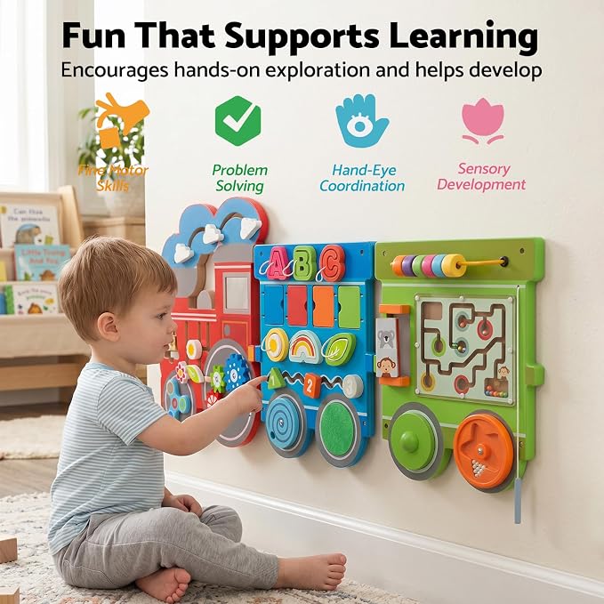 WOODENFUN Wooden Activity Wall Busy Board for Toddlers, 17 in 1 Train Montessori Sensory Wall Panel with Bead Maze, Baby Activity Center Learning Toys for Boys Girls