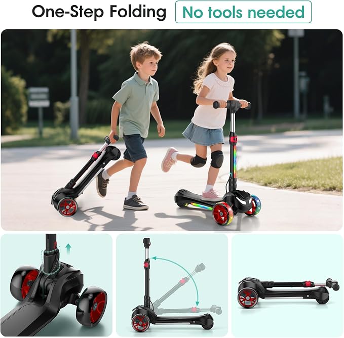 Electric Scooter for Kids Ages 3-8, 3 Wheels Electric Scooter, Electric Kick Scooter with 2 Speeds, Long Battery Life, Flashing LED Wheels, Adjustable Height, B2 with Bluetooth Music for Boys/Girls