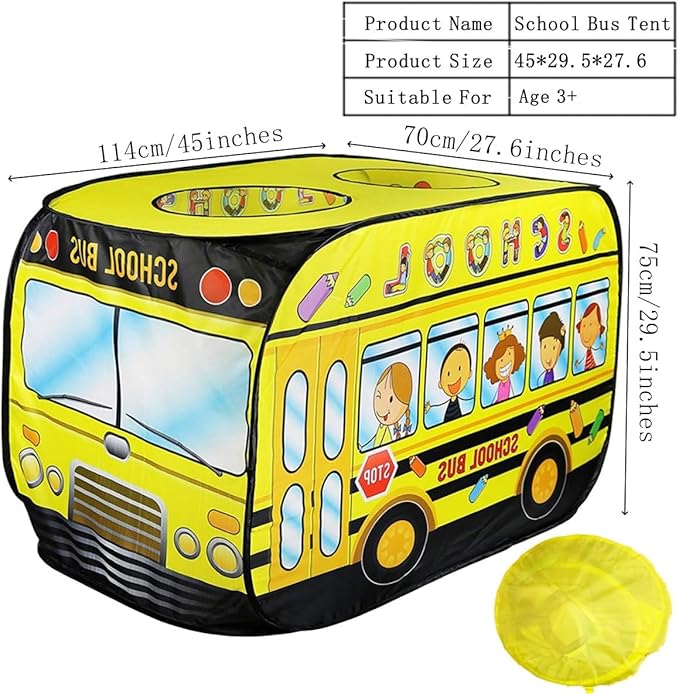 Pop Up Tent for Kids:School Bus Tent,Kids Pop Up Tent Indoor|Outdoor,Pop Up Play Tent for Kids,Without Installation,Suitable for 2-3 Children&for Ages 3+,School Bus Toy for Boys and Girls