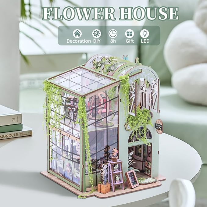 Miniature Flower House Kit, DIY Flower Dollhouse Booknook Making Set, 3D Wooden Puzzle Bookshelf Decor with Furniture for Adults & Teenagers