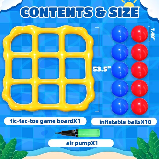 MGparty Pool Toys Games Set - Inflatable Tic Tac Toe Pool Toy with 10 Balls - Summer Outdoor Water Fun for Kids Adults Teens Family Swimming Pool Float Beach Backyard Party Game (2-10 Players)