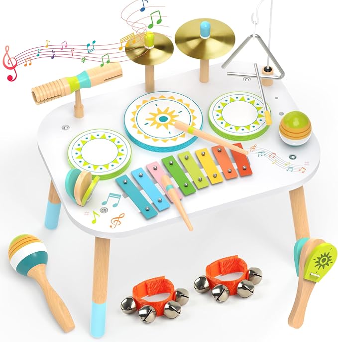 12-in-1 Drum Set for Toddlers 1-3,Baby Musical Instruments Table ,Wooden Montessori Toys with Xylophone,Bongo Drums,Cymbals,Maracas & Wrist Bells,Birthday Gift for 1 2 3 Year Old Boy Girls