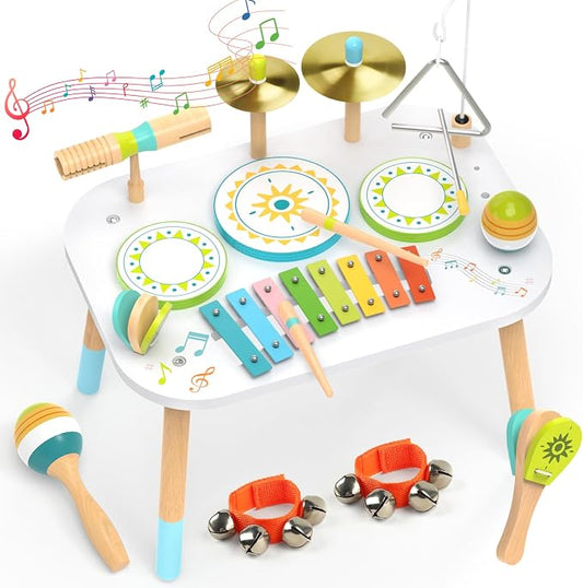 12-in-1 Drum Set for Toddlers 1-3,Baby Musical Instruments Table ,Wooden Montessori Toys with Xylophone,Bongo Drums,Cymbals,Maracas & Wrist Bells,Birthday Gift for 1 2 3 Year Old Boy Girls