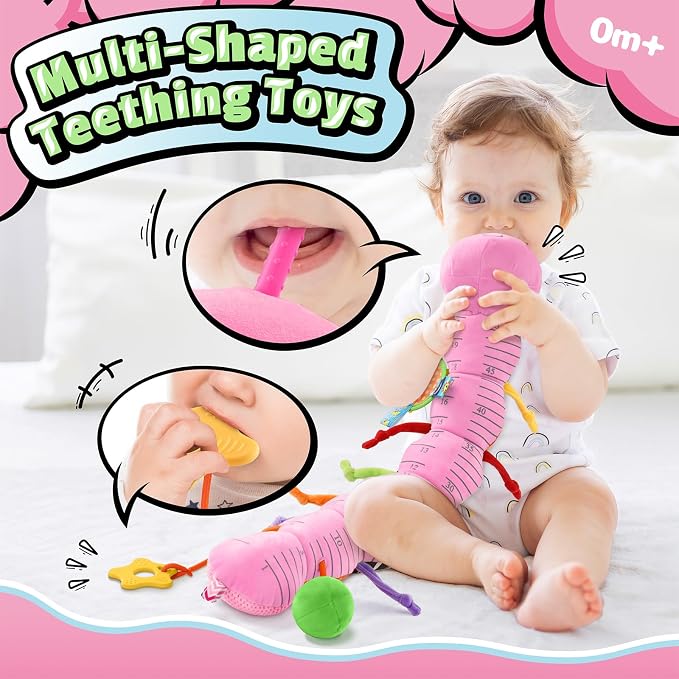 LIGHTDESIRE Baby Toys Musical Caterpillar,Infant Toys 3 6 12 Months Sensory Toy with Ruler Design,Mirror,Pull String,Crinkle&Ring Bell,Baby Teething Toy for Tummy Time Boy Girl Gifts (Rose Pink)