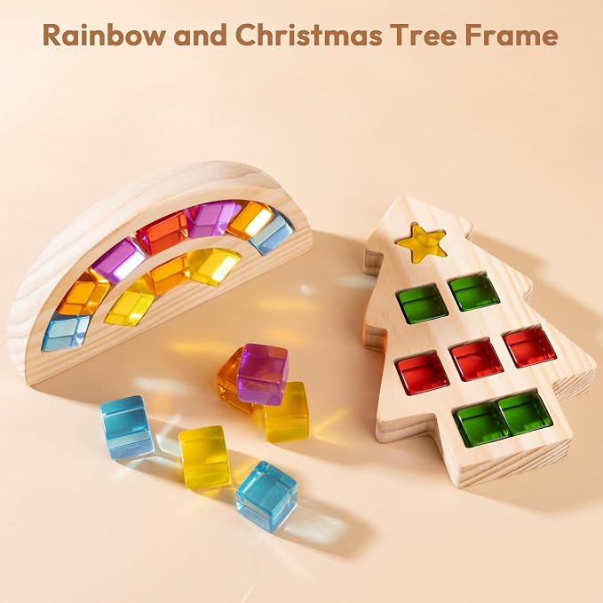 Woodtoe Wooden Building Blocks Set for Kids, Rainbow & Tree Wood Frame - 24 PCS Acrylic Gem Cubes Stacking Blocks, Montessori Stacking Toys, Educational Birthday Toys Gift for Toddlers 3-6