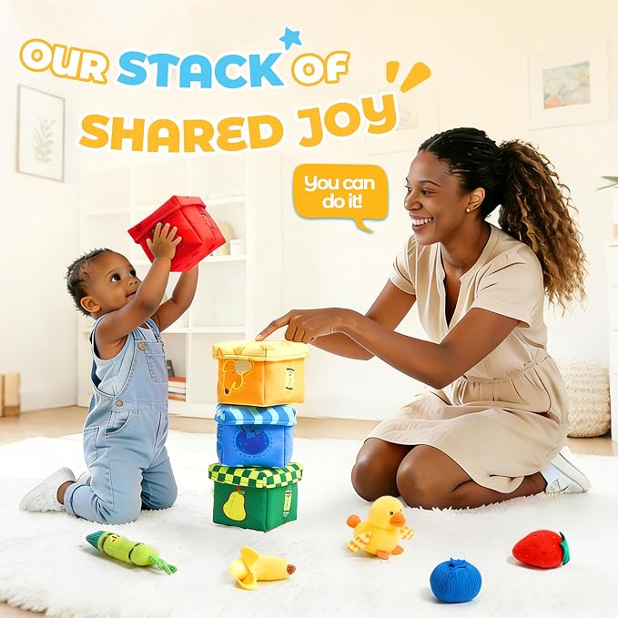 JoyCat Montessori Baby Toys 6-12 Months, 12 PCS Sensory Color Sorting Boxes with Animal Fruit Crinkle Crayon Pushies, First Learning Toys for 1 Year Old Baby Toys 0-12 Months