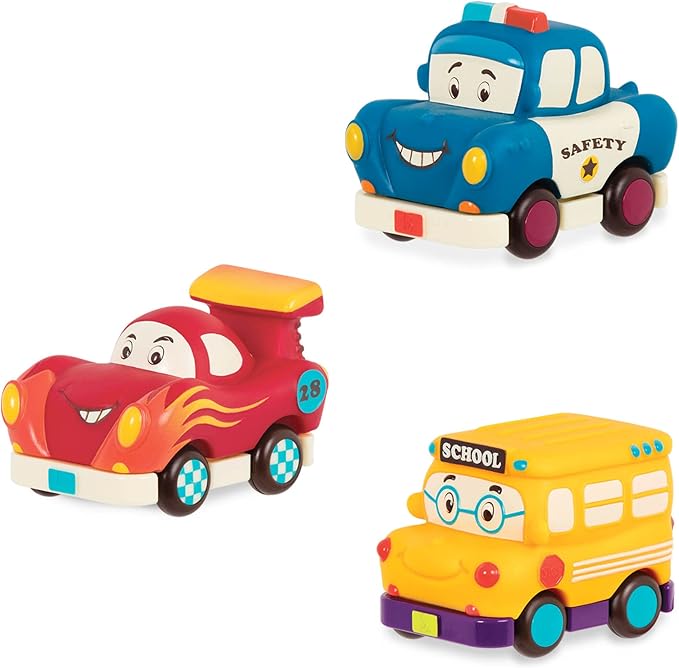 B. toys – Mini Wheeee – ls! – 3 Pieces Mini Pull – Back Vehicles Set, Bus & Cars, Multi, Hot Rod, School Bus, Police Car – 1 Year +