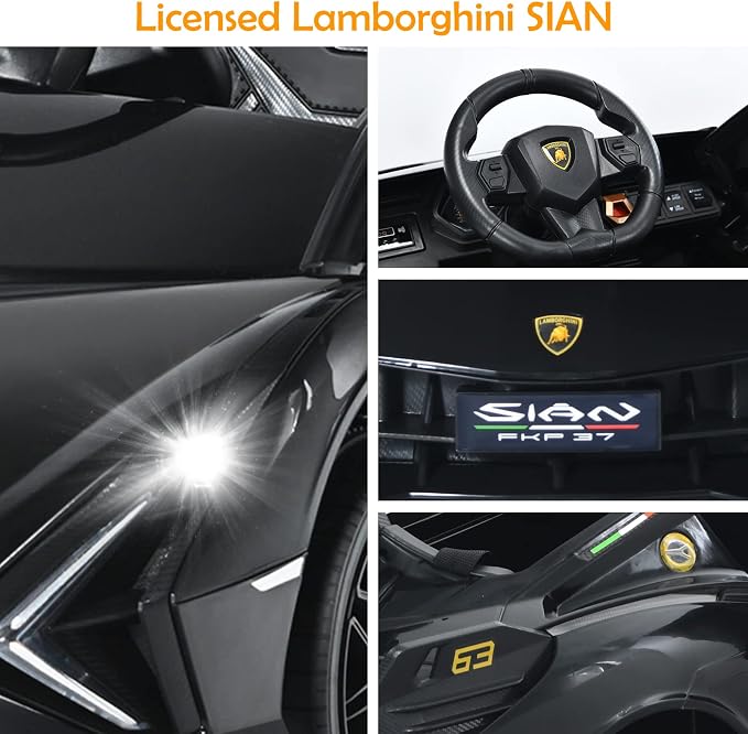 OLAKIDS Kids 12V Licensed Lamborghini SIAN Ride On Car, Electric Vehicle for Toddler with Control Remote, Battery Powered Toy with Music, Horn, 2 Speeds, Suspension, LED Lights, Bluetooth (Black)