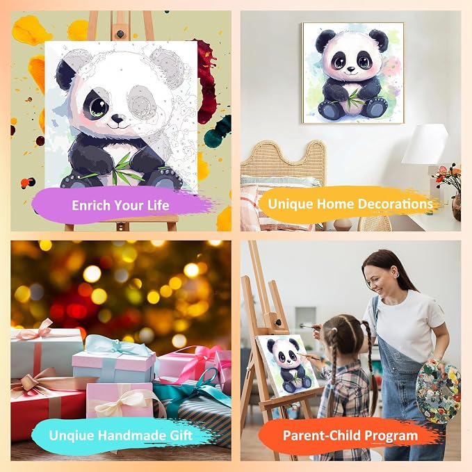 Paint by Numbers Kit for Kids with Frame, Panda Paint by Numbers for Kids Ages 4-8-12, DIY Panda Acrylic Oil Painting for Home Wall Art Decor Gift 7.8x7.8 inch (with Frame Easel)