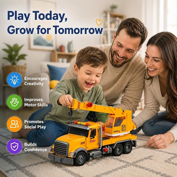 14" Yellow Large Crane Truck Toy,Tow Truck Toy,Construction Trucks for Boys Girls 3 4 5 6 7 8 Years Old,with Lights & Sounds,Holiday and Birthday Gift