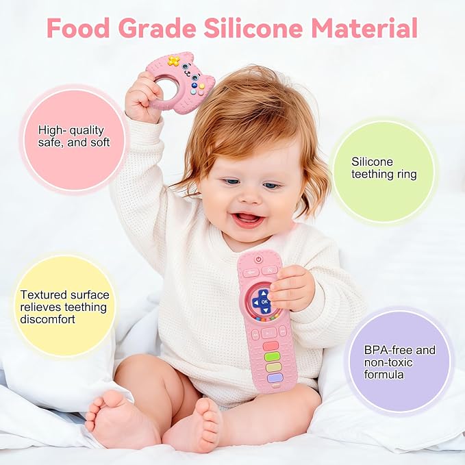 2 Pack Baby Rattles Teething Toy for Babies 3-6 Months, Teething Relief for Infant 6-24 Months, Silicone Teethers TV Remote Boys and Girls Sensory Toy
