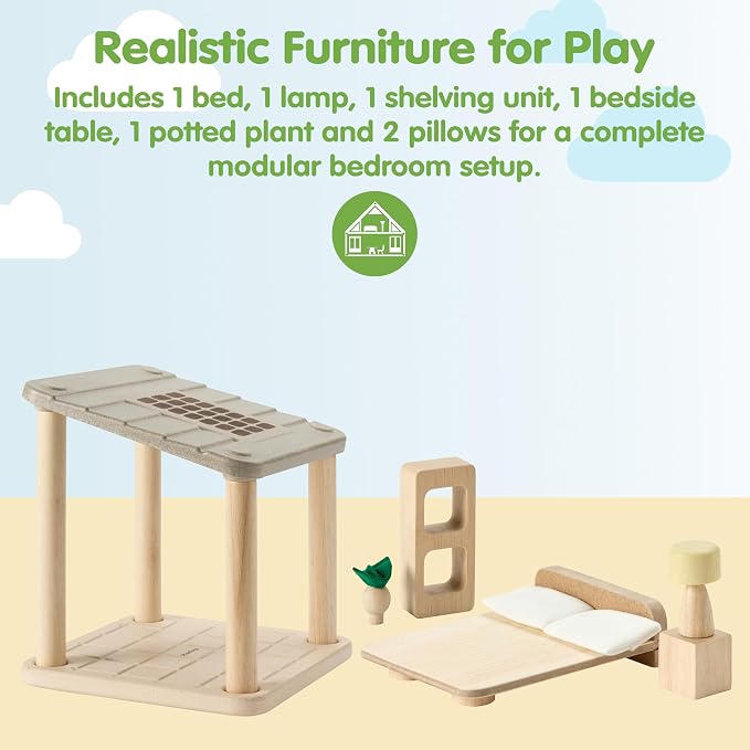 PlanToys® Wooden Dollhouse Bedroom Room Set | Modular Furniture with Bed, Lamp, Shelving & Decor | Stackable Open Ended Room for Dollhouse Expansion