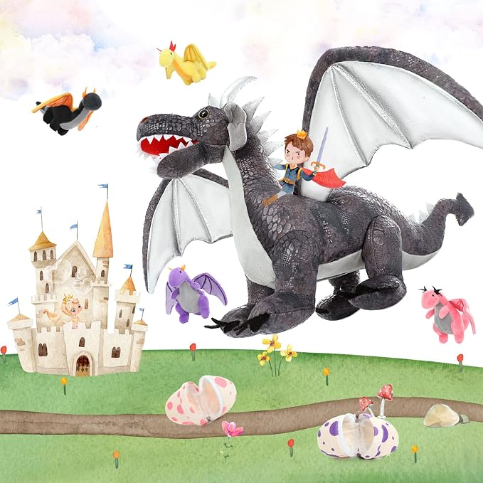 Muiteiur Large Dragon Stuffed Animal Set,21.6 Inch Mommy Dragon with 4 Baby Dragon Plush 2 Eggs,Soft Dragon Plush Toy Gift for Kids Boys Girls