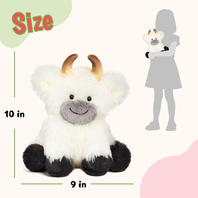 Hopearl Adorable Plush Yak Cow Toy Floppy White Yak Soft Kawaii Stuffed Animal Cute Birthday Holiday Gift for Boys Girls Kids Toddlers, White, 10''