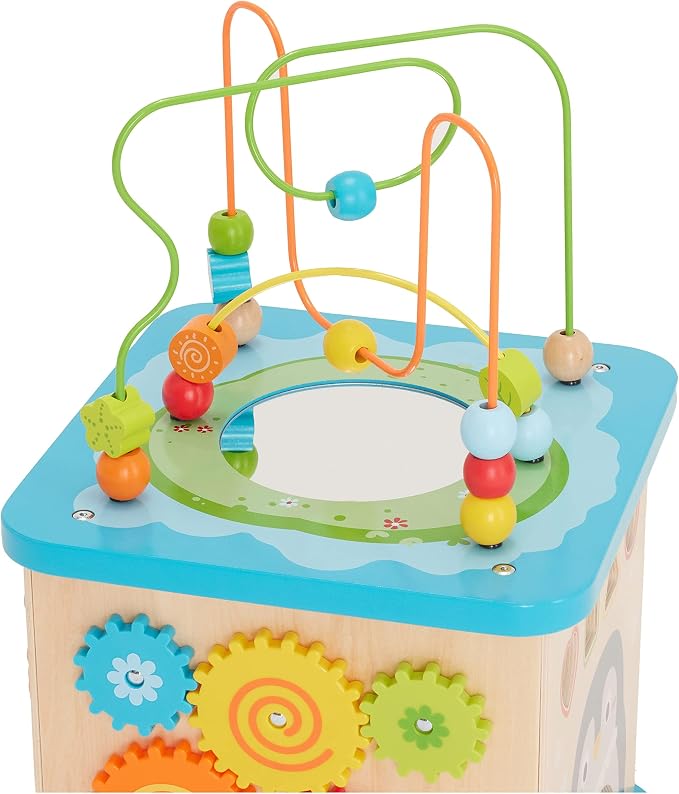 Amazon Basics Kids Wooden Activity Cube, Educational Learning Toy with Bead Maze and Shape Sorter, Developmental Fine Motor Skills, Gift for Toddlers Age 12M+, Multicolor, 13.4x22.5x13.4inches