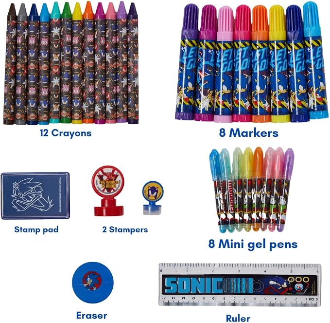 Sonic the Hedgehog Deluxe Activity Set, Carrying Tin & Art Supplies for Kid | 200+ Piece Art Set with Sonic Coloring Pages, Sticker Book, Markers, Crayons, Storage Tin, Knuckles, Shadow, Tails, Echidna