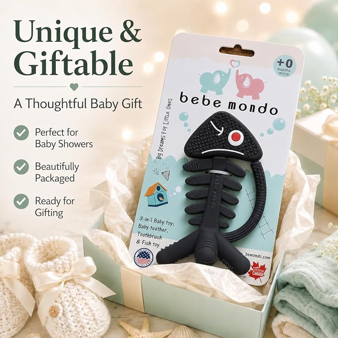 3 in 1 Infant Toys, Baby Teething Toys 3–6 6–12 Months, Teethers for Babies 0–3–6–12 Months for Teething Relief, Baby Gift, Baby Teether Toys, Silicone Sensory Toys, USA Patent Pending, Fish (Black)