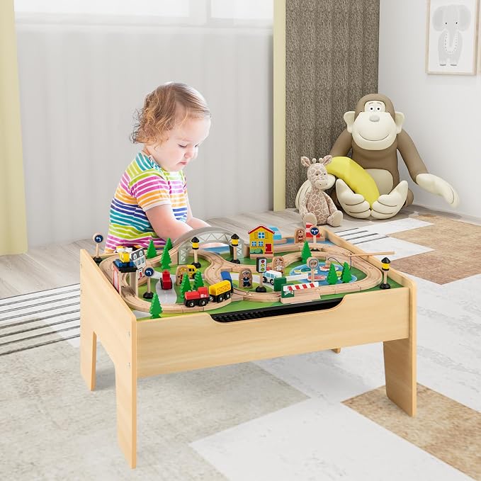 HONEY JOY Train Table, Wooden Kids Activity Table with Storage, 78 Multicolor Pieces, Tracks, Trains, Cars, Toddler Train Table Set with Reversible Tabletop, Gift for Boys Girls Aged 18 Months+