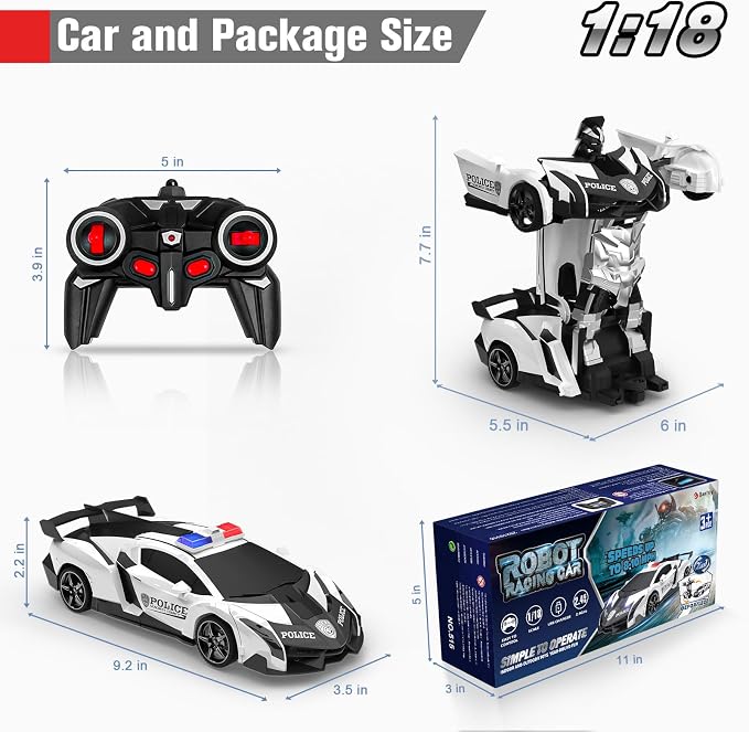 BLUEJAY Transform Rc Cars for Boys 4-7 8-12, 2.4Ghz 1:18 Scale Remote Control Car Transforming Robot, One-Button Deformation 360° Rotation and Drift Car Toy Gifts for Boys 3-5 (White)