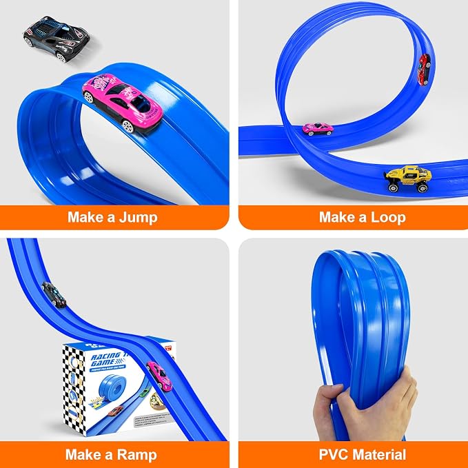 15Ft Flex Track, Flexible Race Car Track for Kids Toy with 10 Suction Cups, Rolls Up Portable Racetrack Compatible with Hot Wheels & Diecast 1/64th Cars, Birthday Gifts for Boys Girls (Blue)