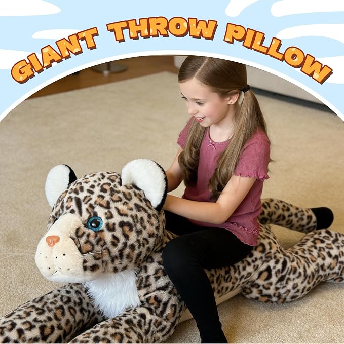 MorisMos Giant Cheetah Stuffed Animal Plush Pillow 4ft, 47" Extra Large Plush Cheetah Toy for Kids & Adults, Realistic Leopard for Christmas Birthday, Big Safari Stuffed Animal for Jungle Party Decor