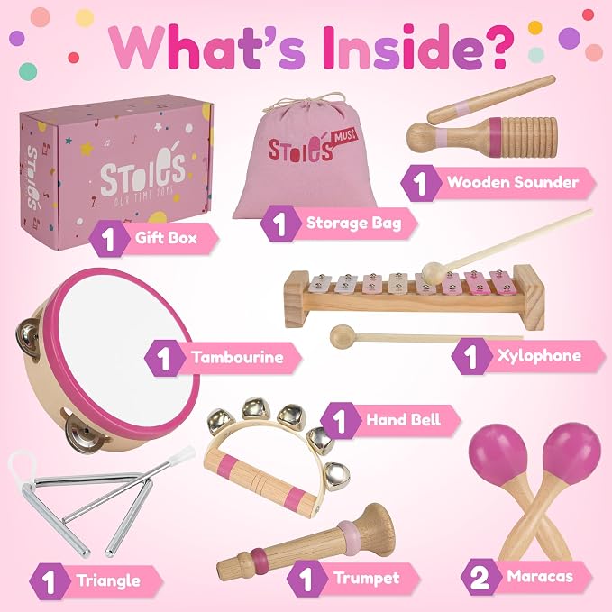 Stoie’s Pink Wooden Musical Instruments for Toddlers Ages 3+, Montessori Music Toy Set with Xylophone, Tambourine, Maracas & Triangle, Educational Preschool Toys for Girls & Boys