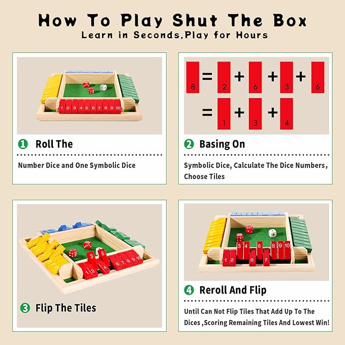 Shut The Box Dice Game 12 Inch Upgraded 2-4 Player Wooden Dice Game Math Addition Games Close The Box Family Wooden Dice Board Game for Kids Adults, Tabletop Version for Classroom, Home, Party or Bar