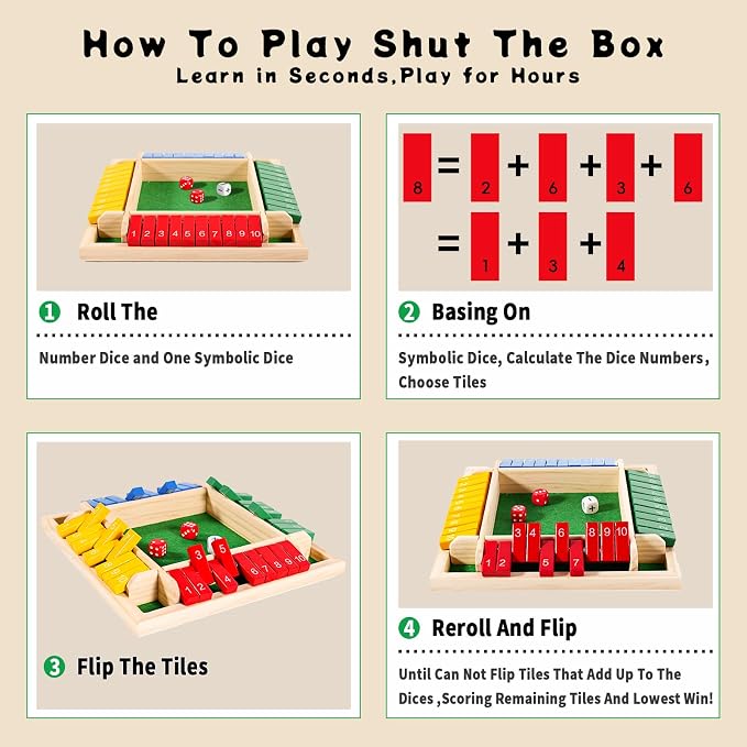 Shut The Box Dice Game for 2-4 Player Wooden Dice Game Math Games Close The Box Family Dice Board Games for Kids Adults, Tabletop Version Games for Classroom, Home, Easter Day, Party or Pub