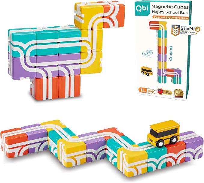 QBI Magnetic Blocks for Toddlers 1-3｜School Bus Toy Set with 12 Pastel Track Cubes｜STEM Montessori Educational Toys for 1 Year Old Boys & Girls｜Safe Large Building Bricks (13 Pieces Starter Pack)