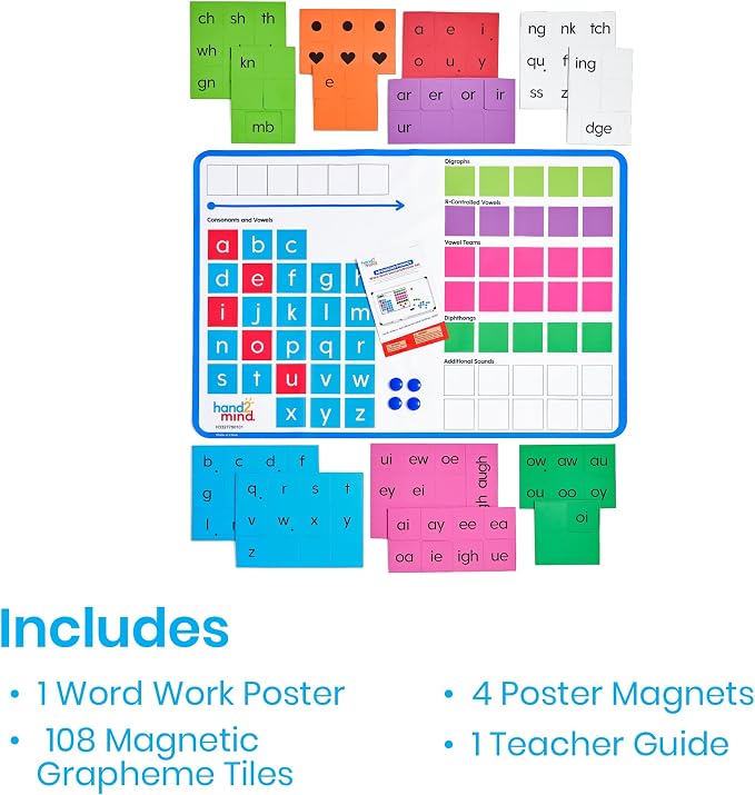hand2mind Advancing Phonics Word Work Demonstration Set, Jumbo Magnetic Poster with 108 Phonics Tiles, Magnetic Classroom Supplies, Whiteboard Magnets for Teachers, Science of Reading Manipulatives