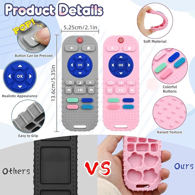 Teething Relief Teethers Toys for Babies 3 6 9 12 Months Gifts Essentials, Silicone Sensory Remote Control Baby Chew Toy for Newborn Infant Boy Girl Autism Birthday Gift, Gray & Pink