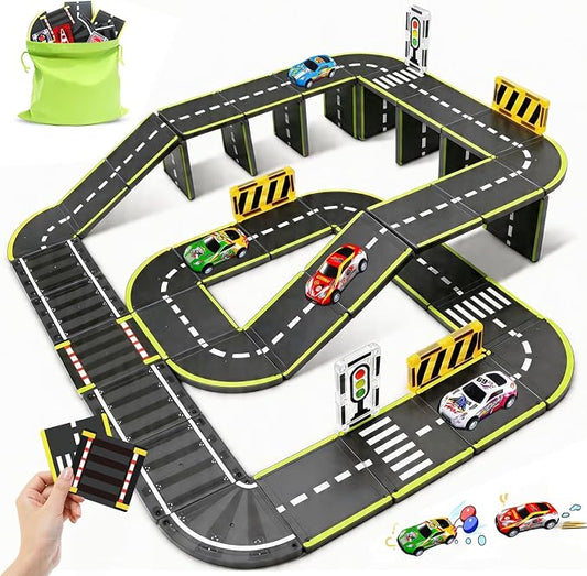 Magnetic Tiles Road Set, 26Pcs Large Double Sided Magnetic Blocks with Pullback Cars & Traffic Signs, STEM Toys for Kids Ages 4-8, Creative Gifts for 3+ Years Old Boys Girls