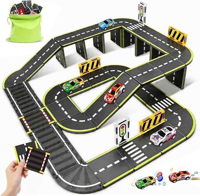 Magnetic Tiles Road Set, 45Pcs Large Double Sided Magnetic Blocks with Pullback Cars & Traffic Signs, STEM Toys for Kids Ages 4-8, Creative Gifts for 3+ Years Old Boys Girls