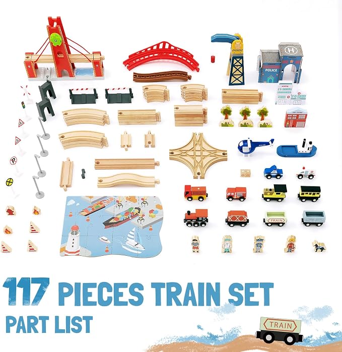 Giant bean 117 Pcs Busy Port City Wooden Train Set for Kids- Expandable & Changeable Wooden Train Track Set Toy, for Boys & Girls Ages 3-14