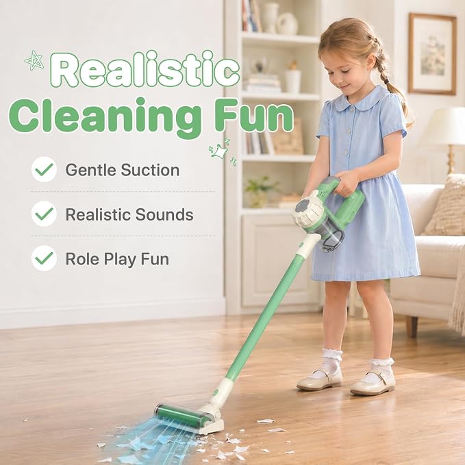3-in-1 Kids Vacuum that Really Works - Toddler Vacuum Cleaner with Real Suction, Pretend Play Housekeeping & Cleaning Toy Set for Kids Ages 3+ (Green)