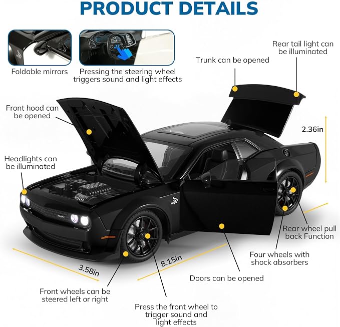 Car Toys for Boys 1/24 Diecast Cars Hellcat SRT Collectibles Model Kit,Pull Back Metal Toy Car with Lights and Sounds,Toy Cars for Boys Age 4-7（Black）