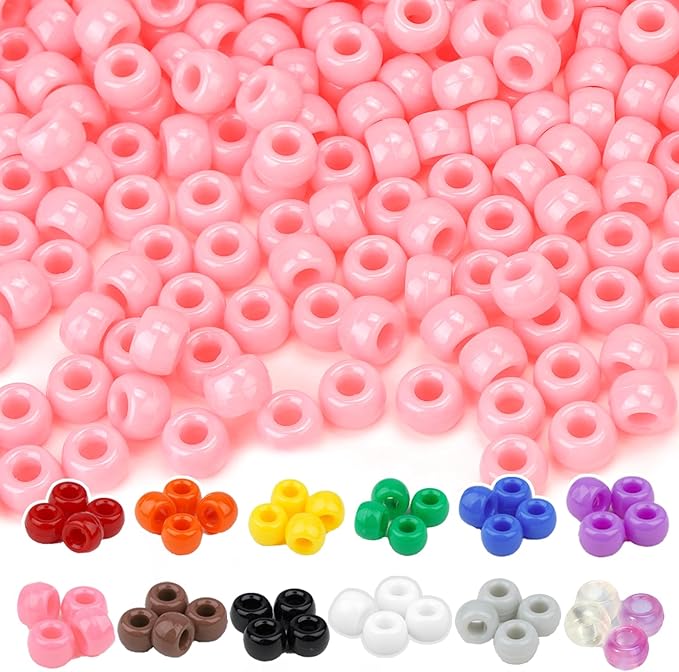 Dowsabel Pink Pony Beads Bulk 1000 Pcs 6x9mm, Large Hole Kandi Hair Beads for Braids Bracelets, DIY Friendship Bracelets Necklaces Jewelry Making Crafts and Gifts