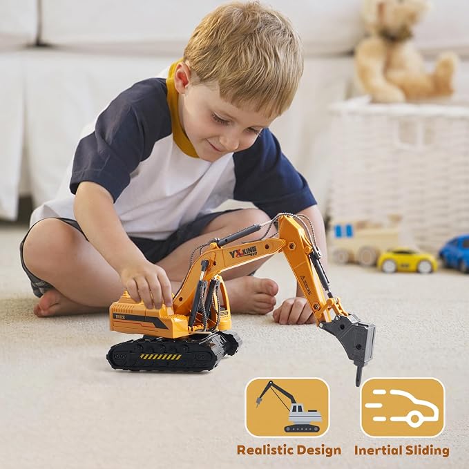 ABS Diecast Drilling Rig Toy Truck for Boys Ages 3-12, Friction Powered Metal Construction Vehicle with 360° Rotating Cab & Movable Arm, Christmas Birthday Gifts