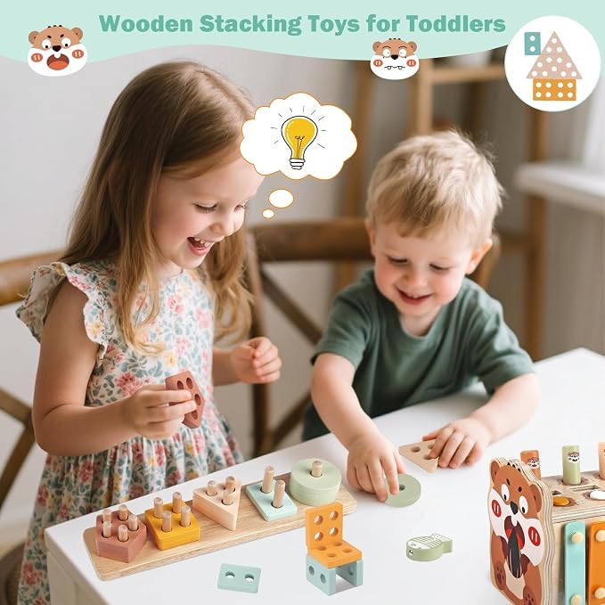 Weilim Montessori Toys for 1 Year Old, 3-in-1 Wooden Hammering & Ramp Toy | Shape Sorter, Stacking Blocks & Xylophone Build Fine Motor Skills; A Screen-Free First Birthday Gift, Boy or Girl